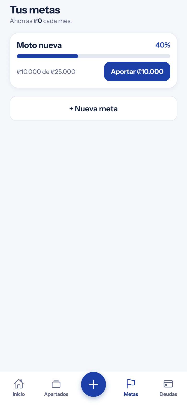 Pantalla de metas con una meta de ahorro y su barra de avance, y un botón para crear una meta nueva.