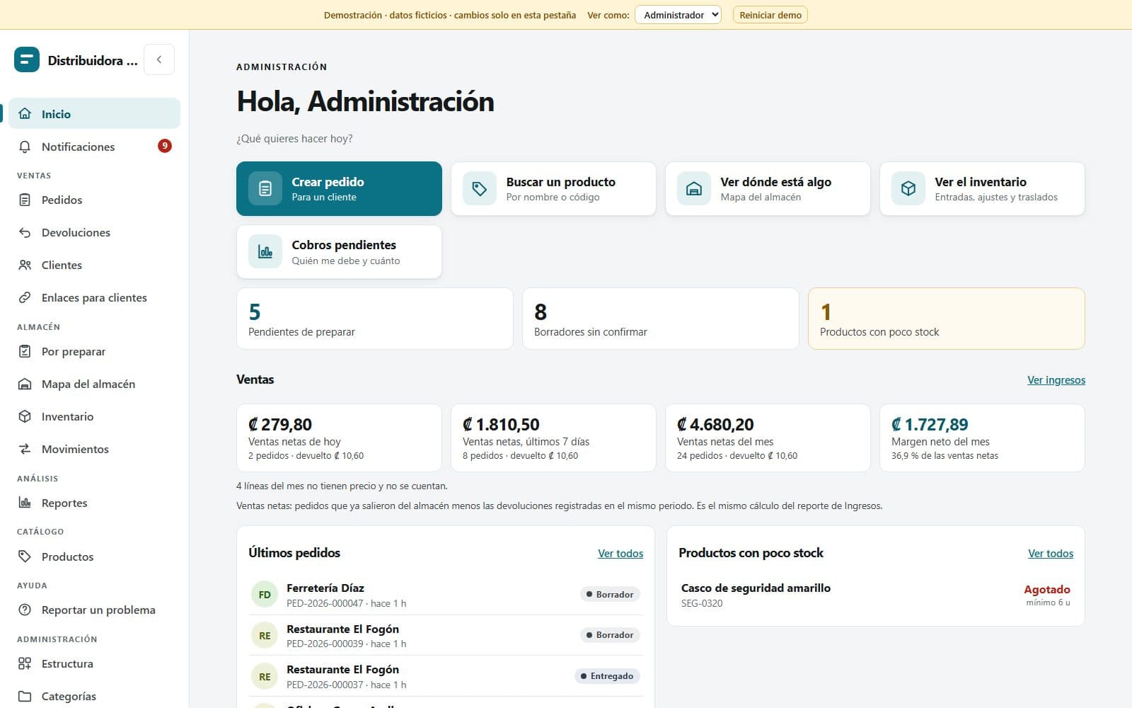 Pantalla de inicio de Inventario con accesos rápidos, pedidos pendientes de preparar, ventas netas y margen del mes, últimos pedidos y productos con pocas existencias.